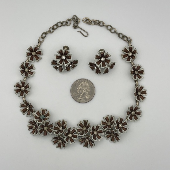 Vintage Necklace Matching Set Earrings Brown White Clear  Crystal - Picture 8 of 8